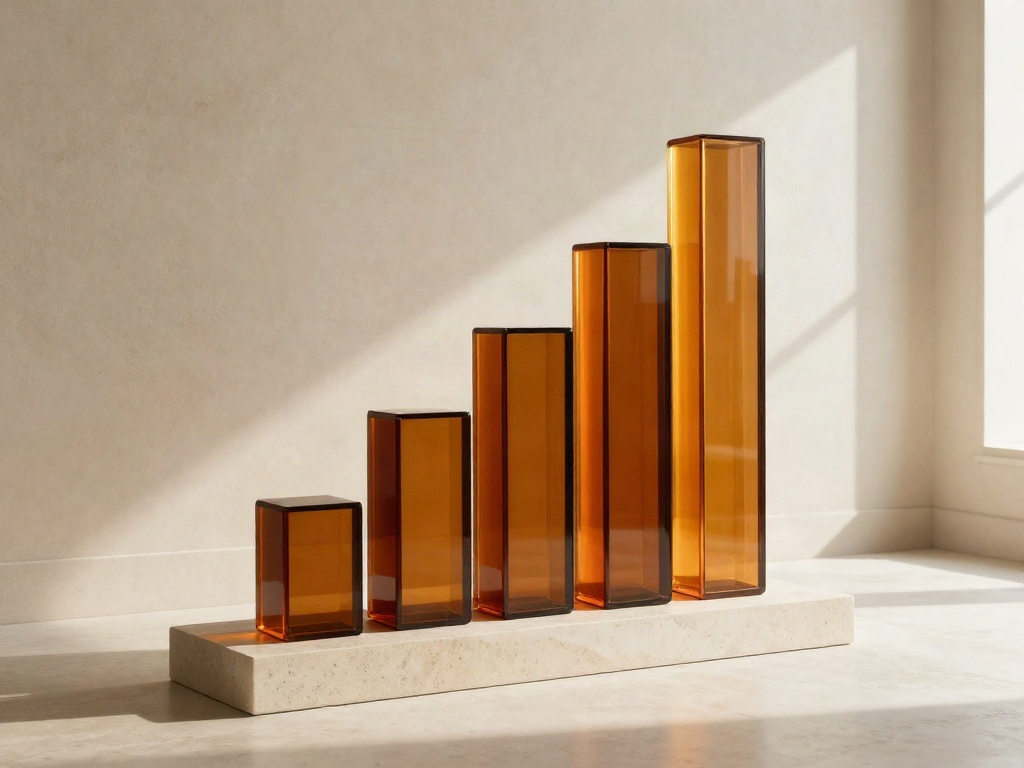 Ascending amber glass columns on travertine steps, a sculptural expression of business growth