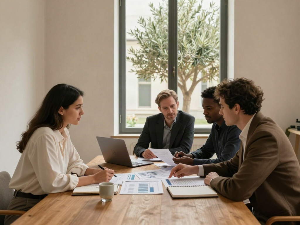 Consulting team collaboratively reviewing business analytics around an oak table